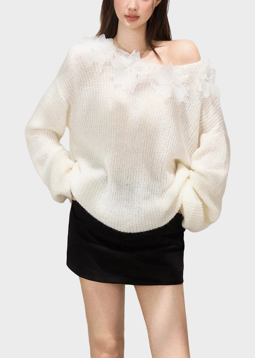 Mercedes | Boho White Oversized Floral Decorated Knit TopS Fall