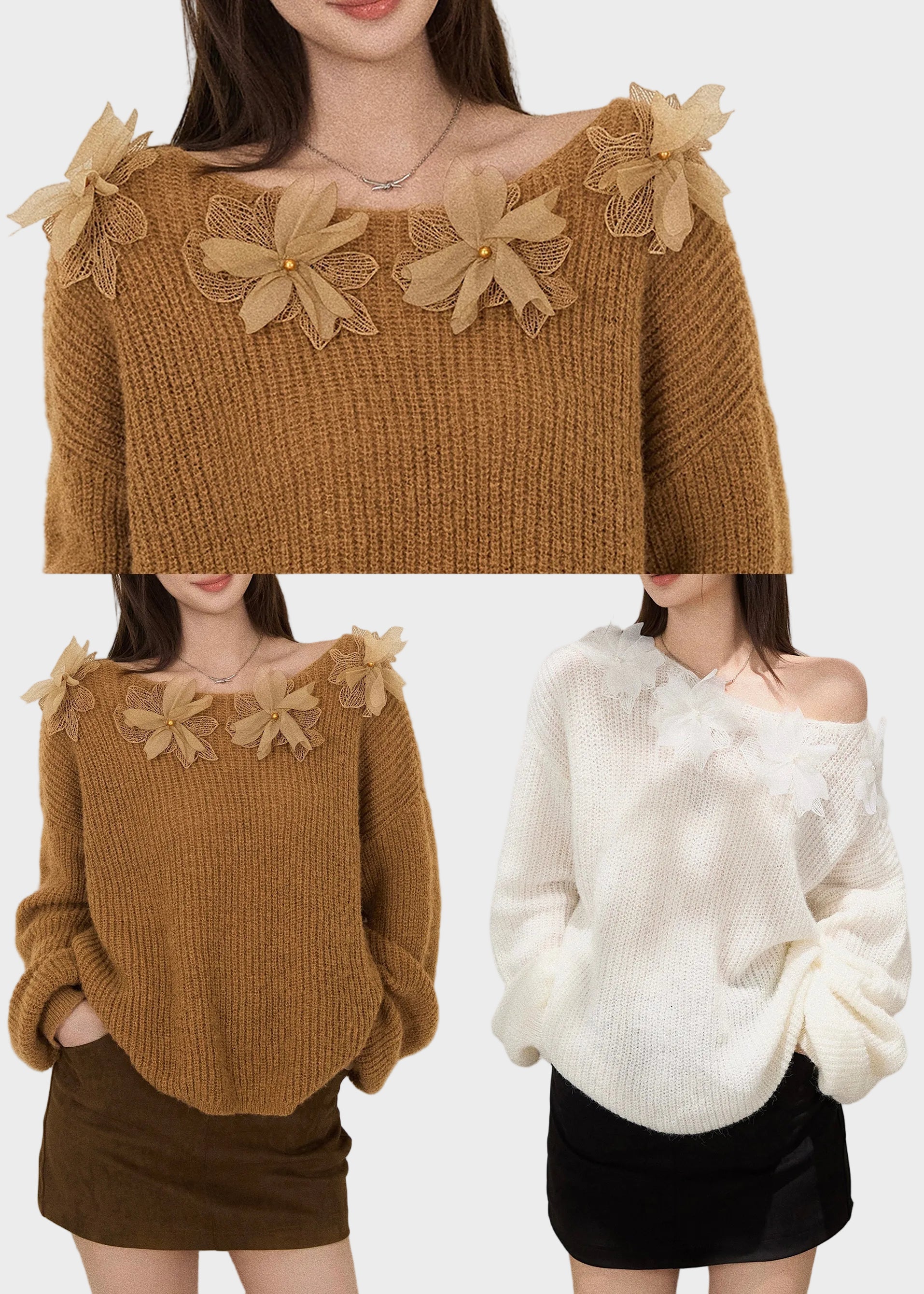 Mercedes | Boho White Oversized Floral Decorated Knit TopS Fall