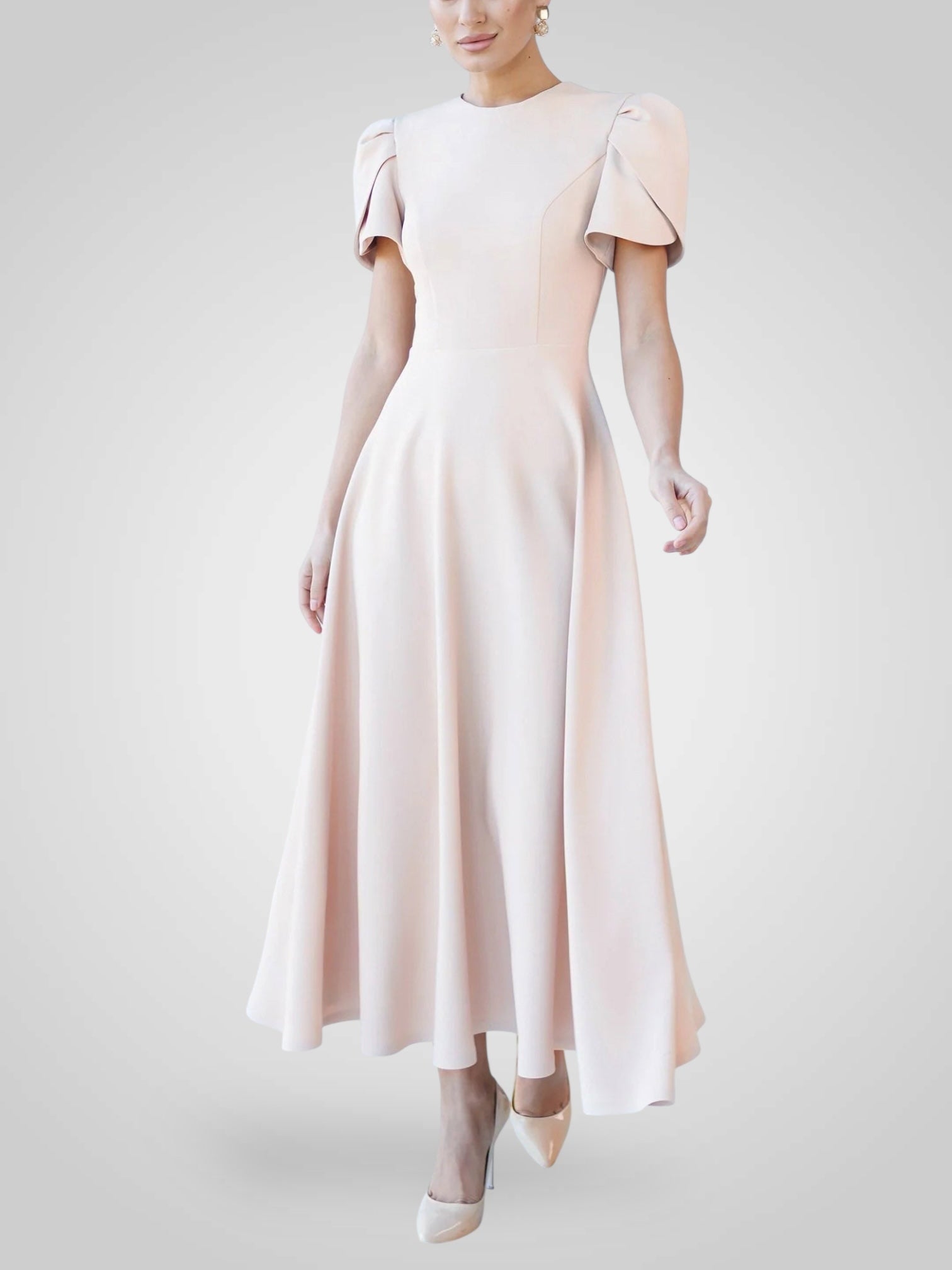 Elegant Midi Dress with High Neck and Bud Sleeves