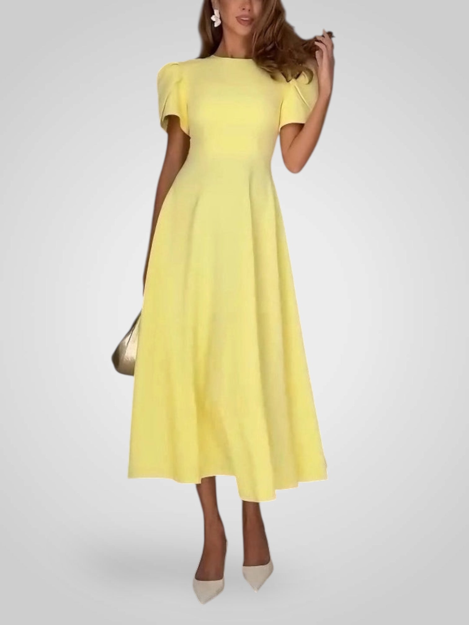 Elegant Midi Dress with High Neck and Bud Sleeves