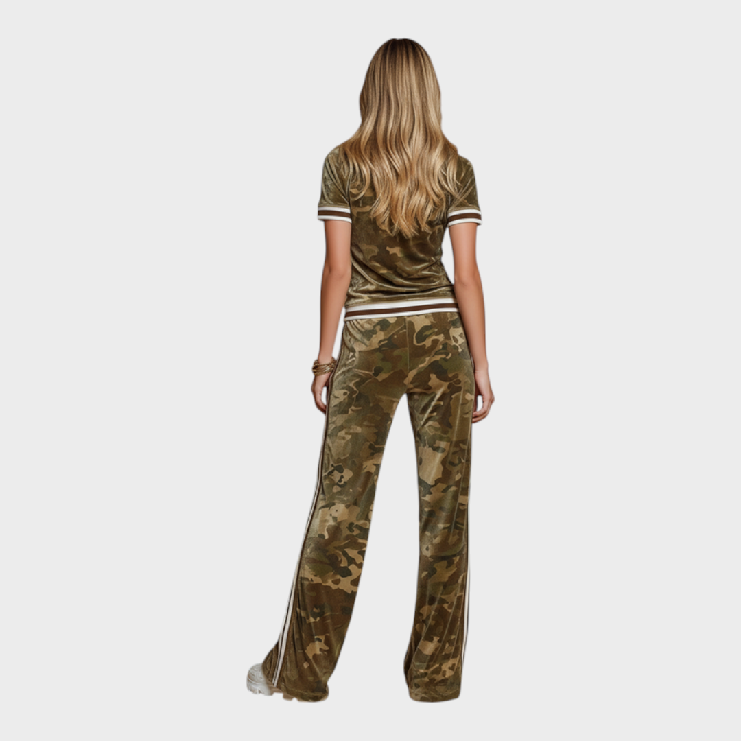 Angelique | Retro Color-blocked Striped Trim Camouflage Velvet T-shirt And Pants Set