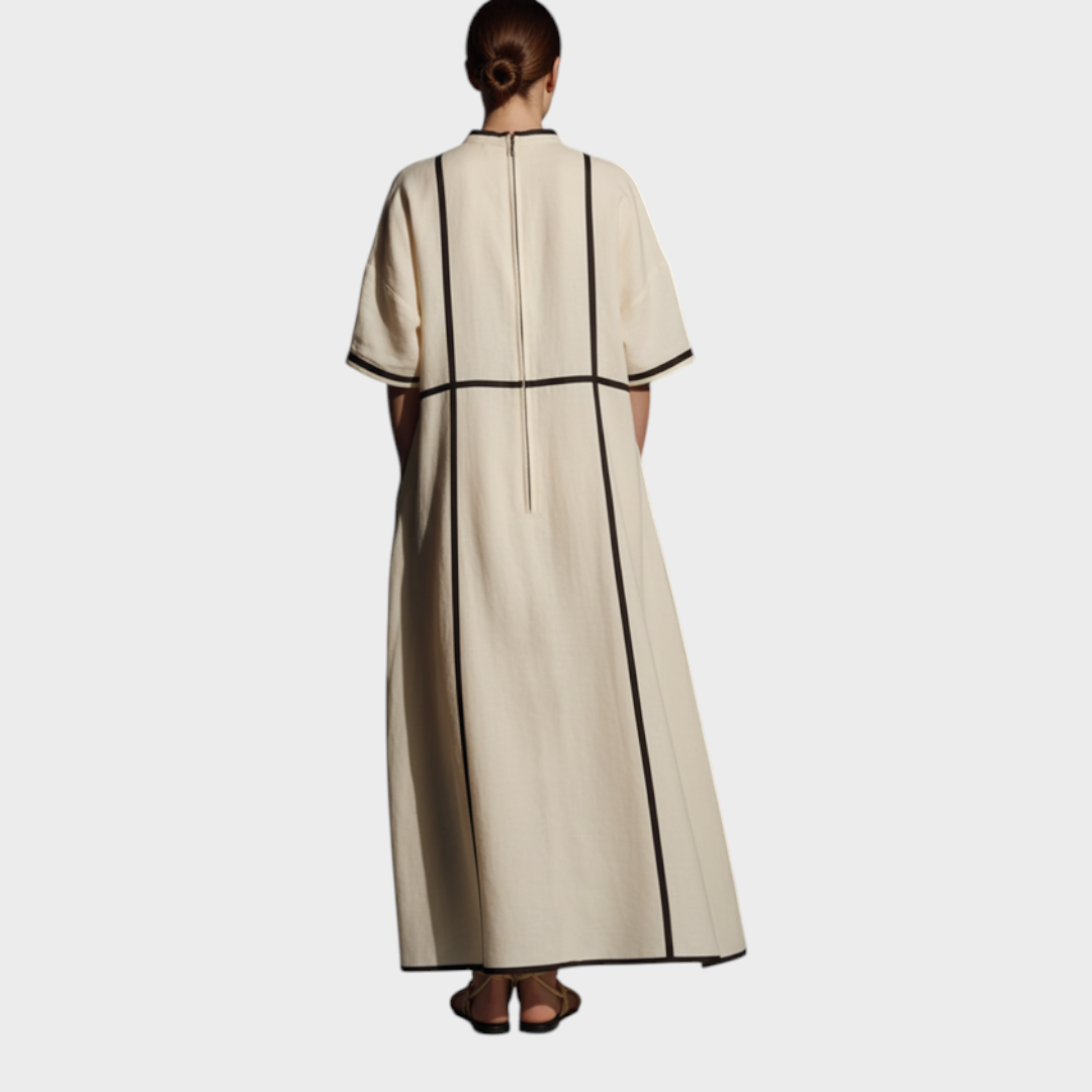 Peyton | Women's Modern Linen Blend Beige Stand-Collar Half-Sleeve Contrast-Line Pocketed Maxi Dress MDA2924L4AU