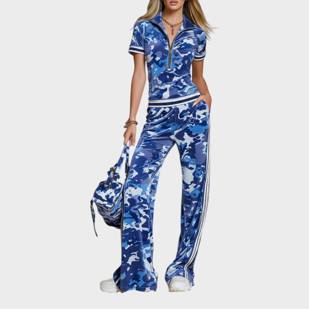 Angelique | Retro Color-blocked Striped Trim Camouflage Velvet T-shirt And Pants Set
