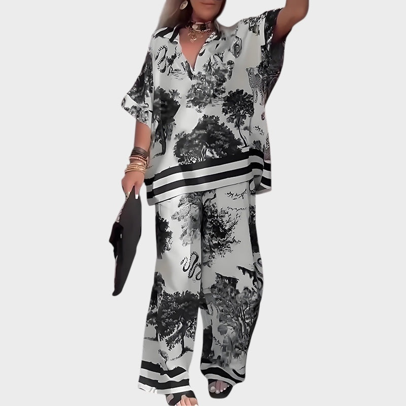 Printed blouse with V-neckline + long pants