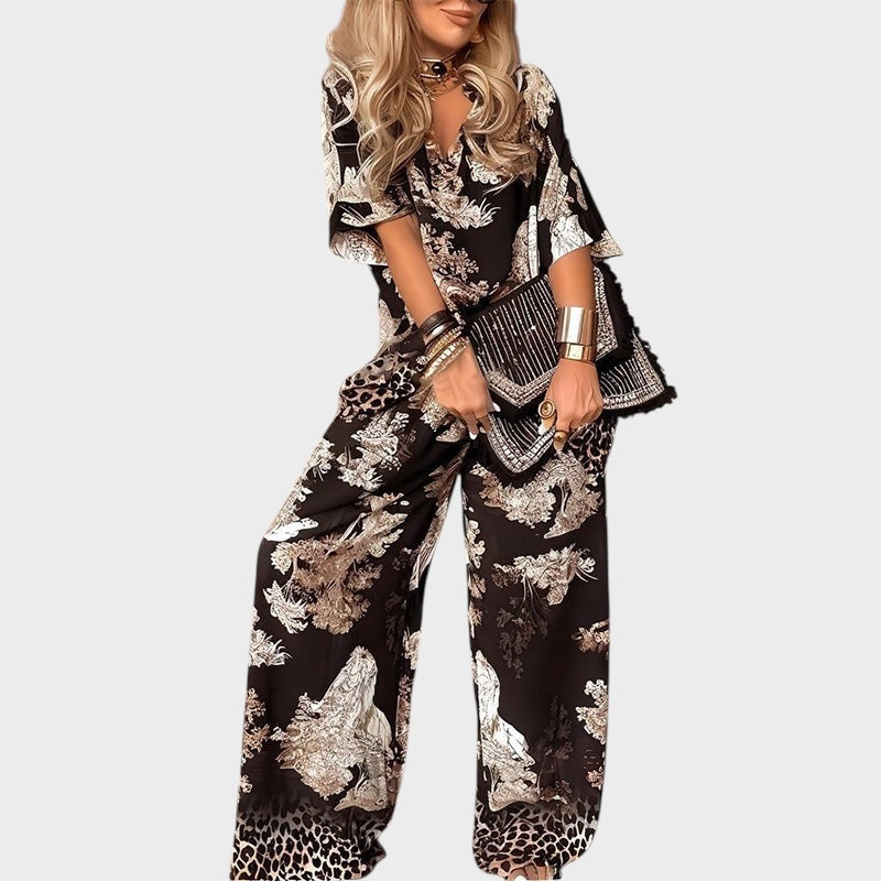 Printed blouse with V-neckline + long pants