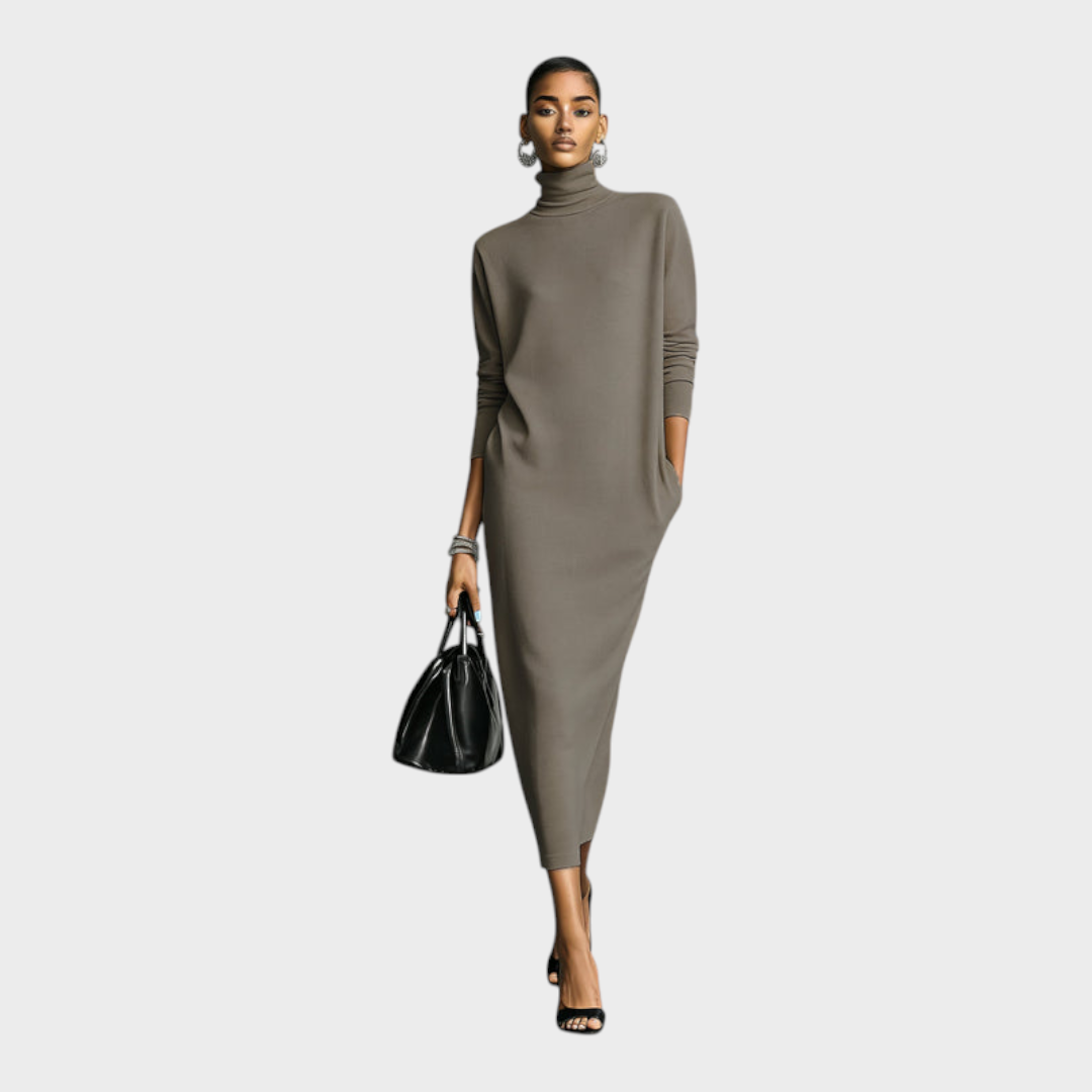 Caitlin | Women's Elegant Black Knit Dress with Turtleneck, Long Sleeves, Relaxed Fit