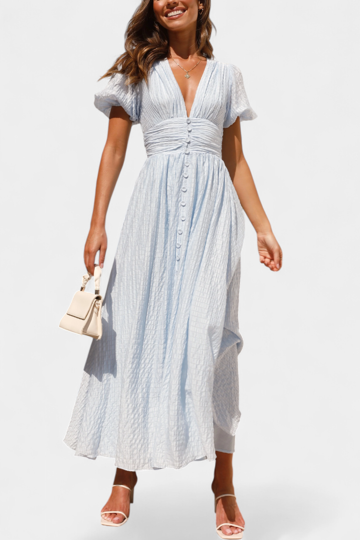 Mélia Maxi Dress with V-Neck and Puff Sleeves