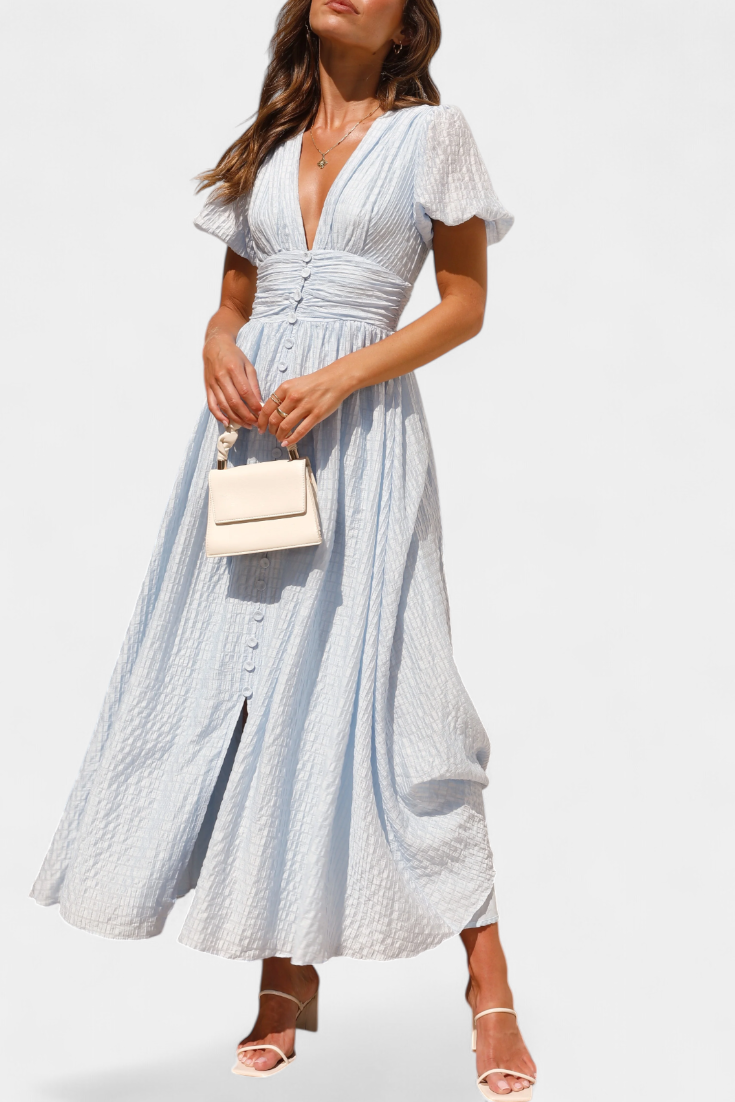 Mélia Maxi Dress with V-Neck and Puff Sleeves