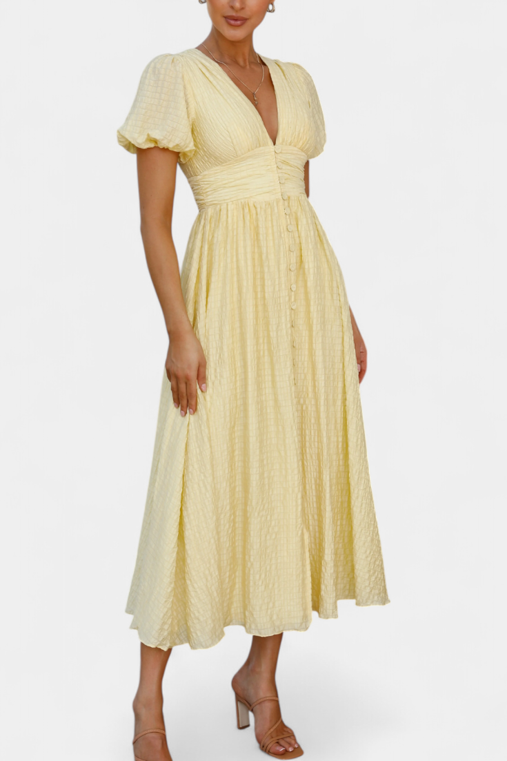 Mélia Maxi Dress with V-Neck and Puff Sleeves