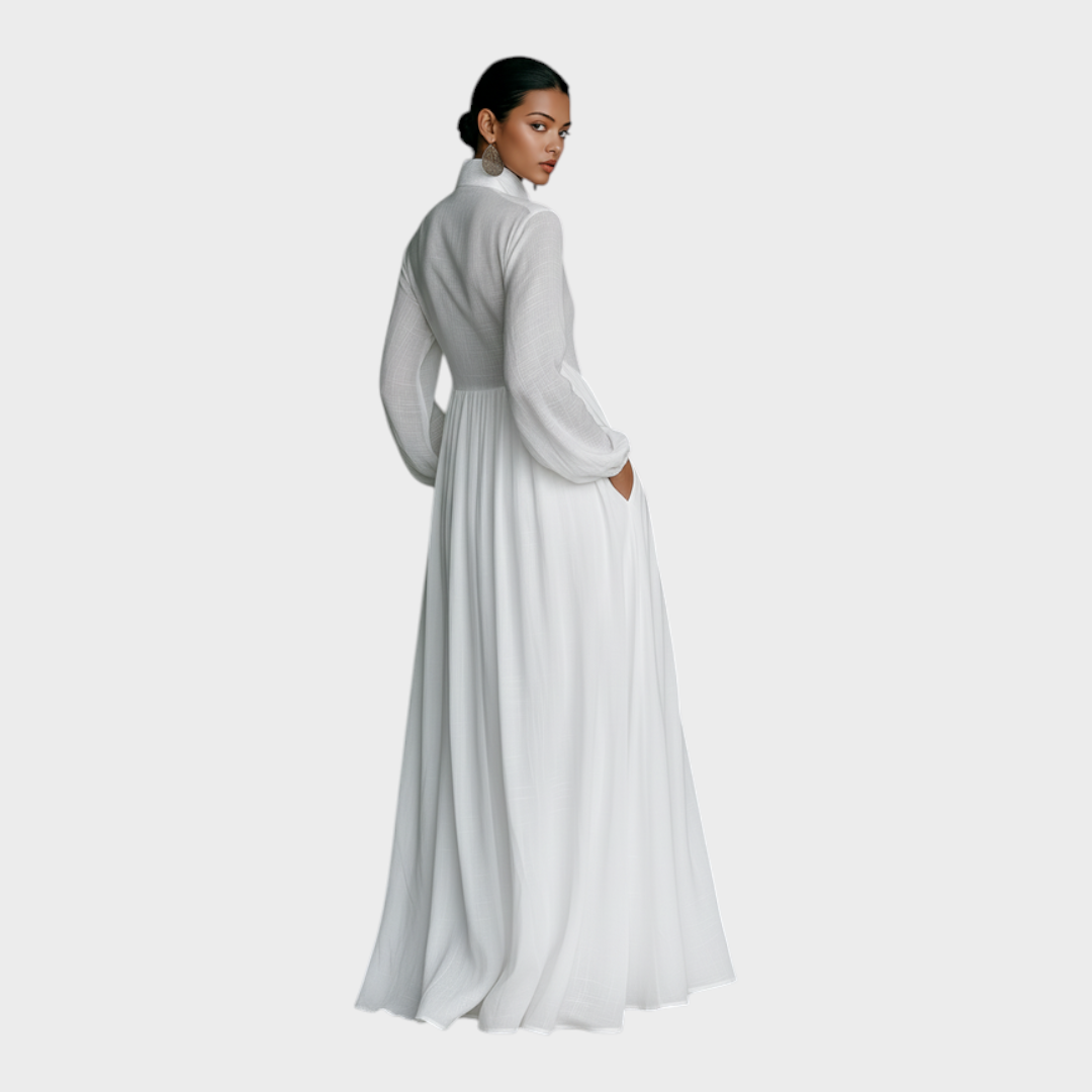 Leah | Women's Minimalist Cotton And Linen Patchwork Single-breasted Stand-up Collar Long-sleeved Maxi Dress MDA0658K6Y