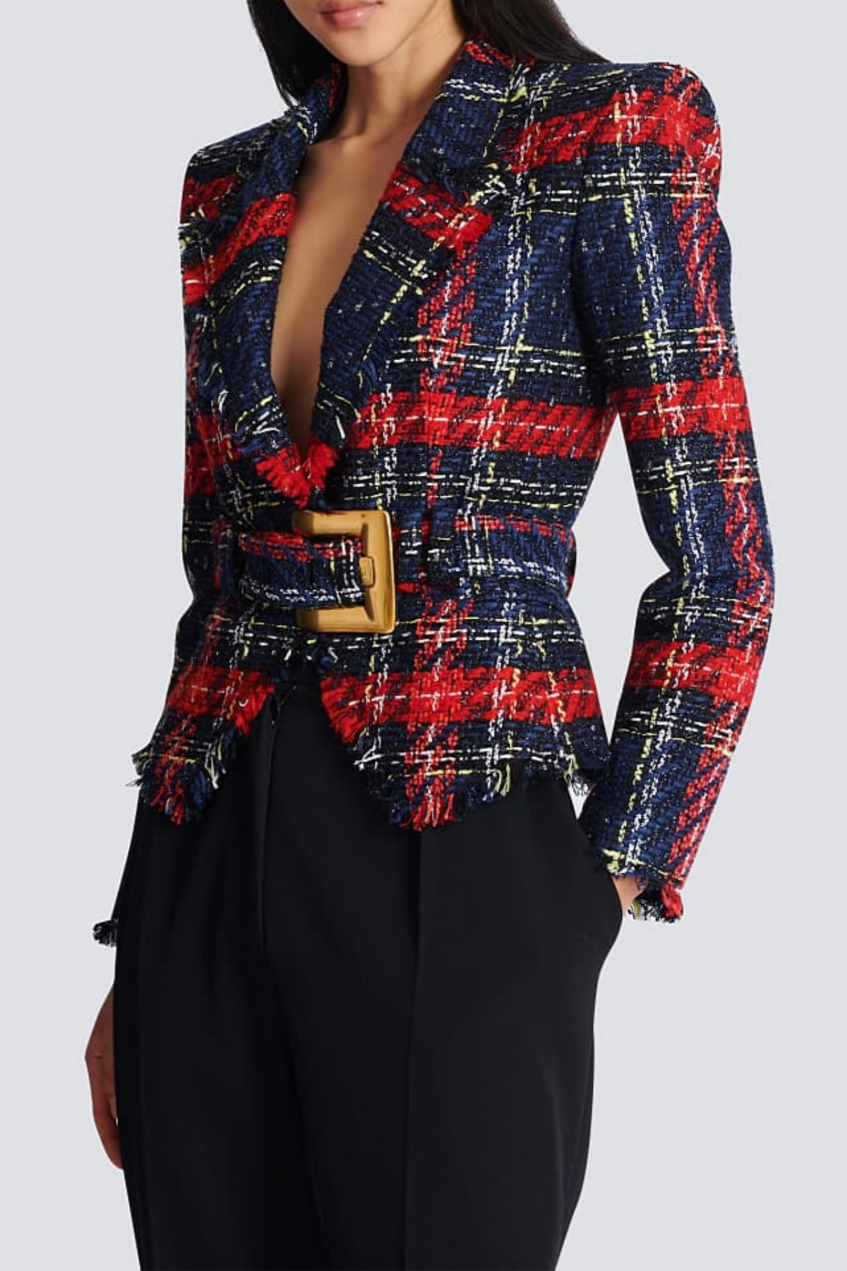 Marcea - Belted Plaid Tweed Jacket