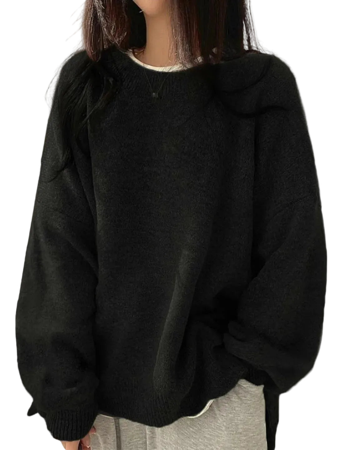 KIARA - Women's Drop Shoulder Split Hem Round Neck Sweater