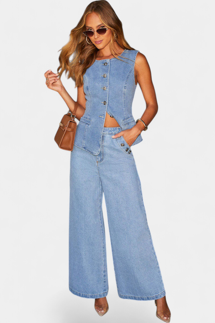 Ludovica Denim Set with Fitted Vest and Wide Leg Pants