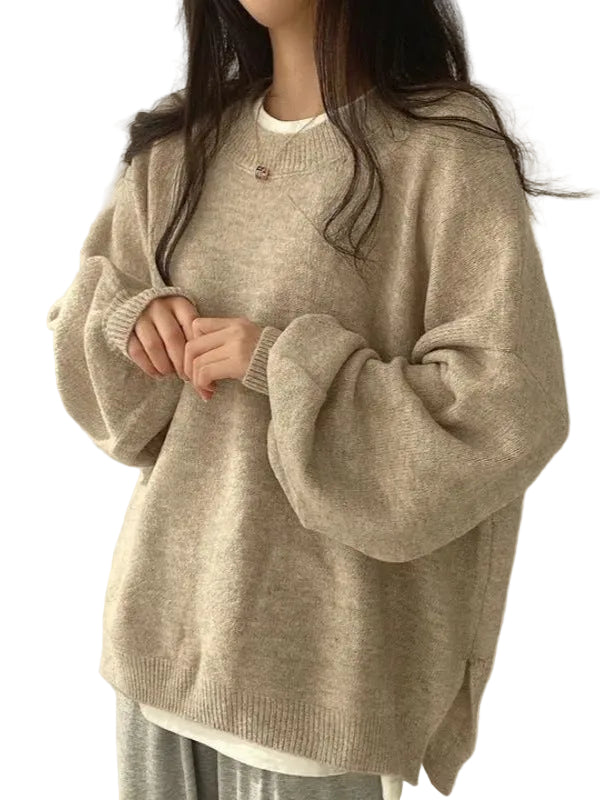 KIARA - Women's Drop Shoulder Split Hem Round Neck Sweater