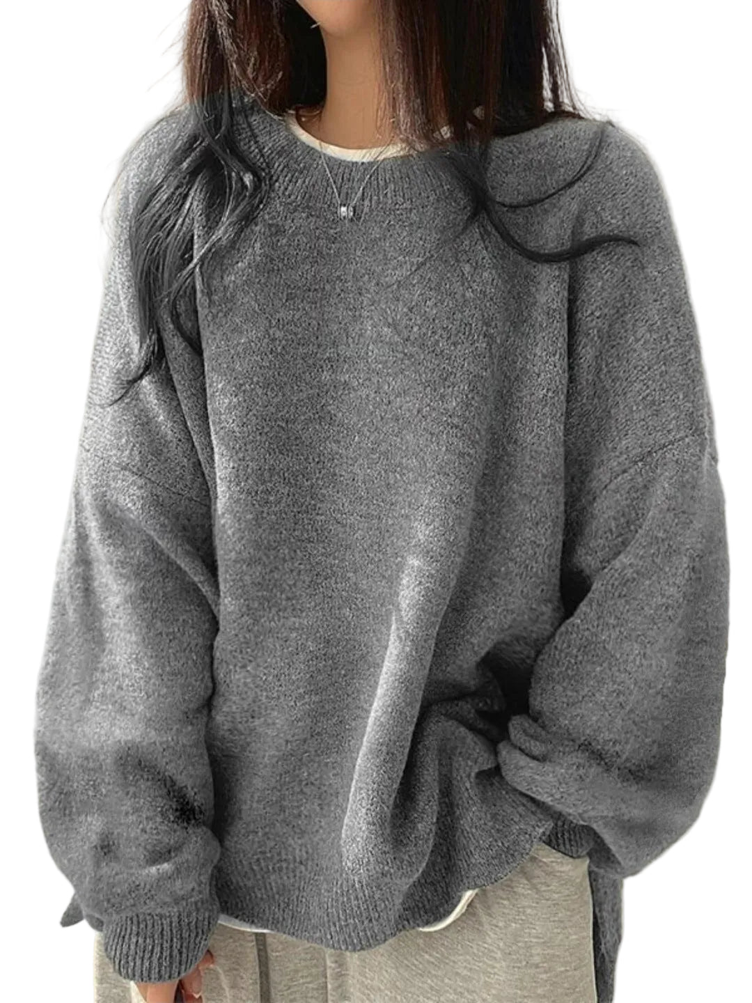 KIARA - Women's Drop Shoulder Split Hem Round Neck Sweater