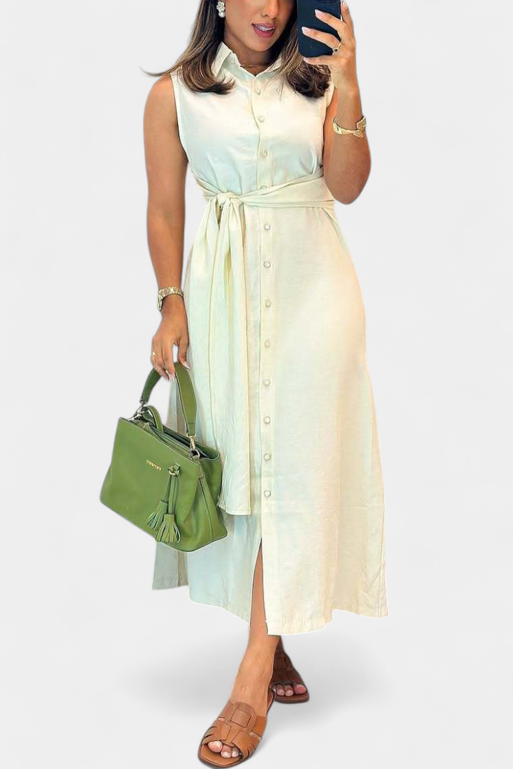 Behnaz Elegant Sleeveless Dress with Belt and Shirt Collar