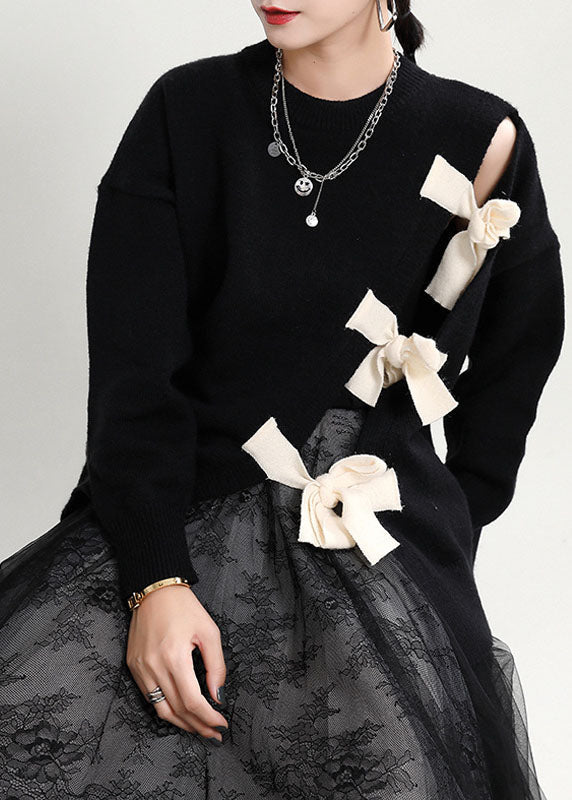 Angela | Organic Black O-Neck Patchwork asymmetrical design Fall Knit Knitted sweaters