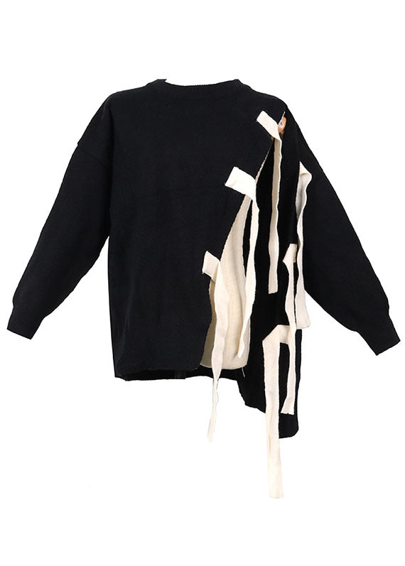 Angela | Organic Black O-Neck Patchwork asymmetrical design Fall Knit Knitted sweaters