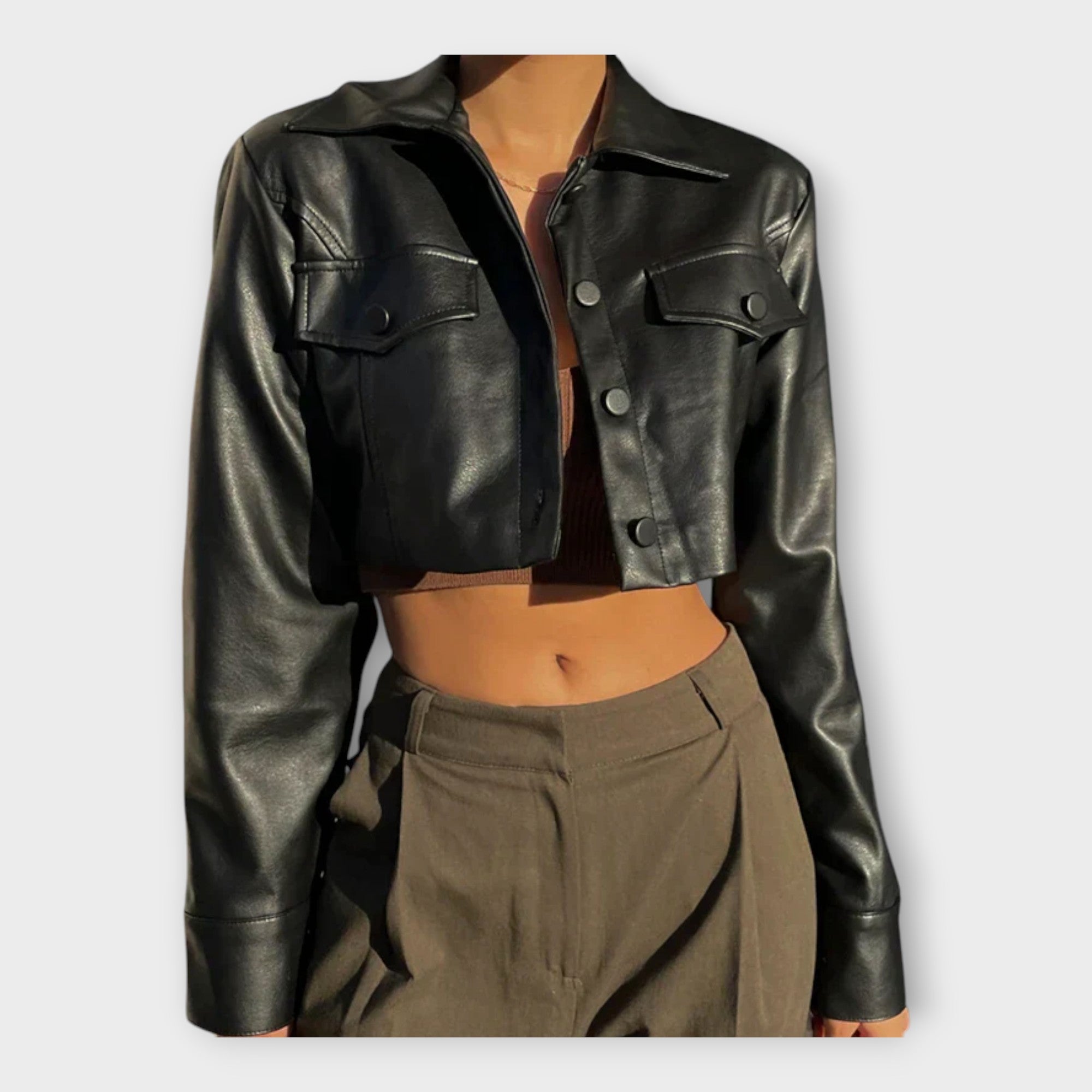 Short Leather Jacket with Pockets