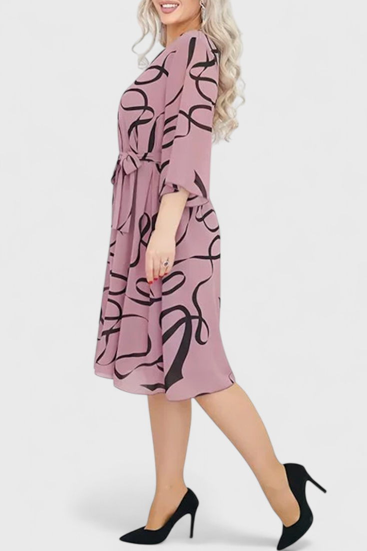 Amelie Midi Dress with Print, Belt and Flexible Cut