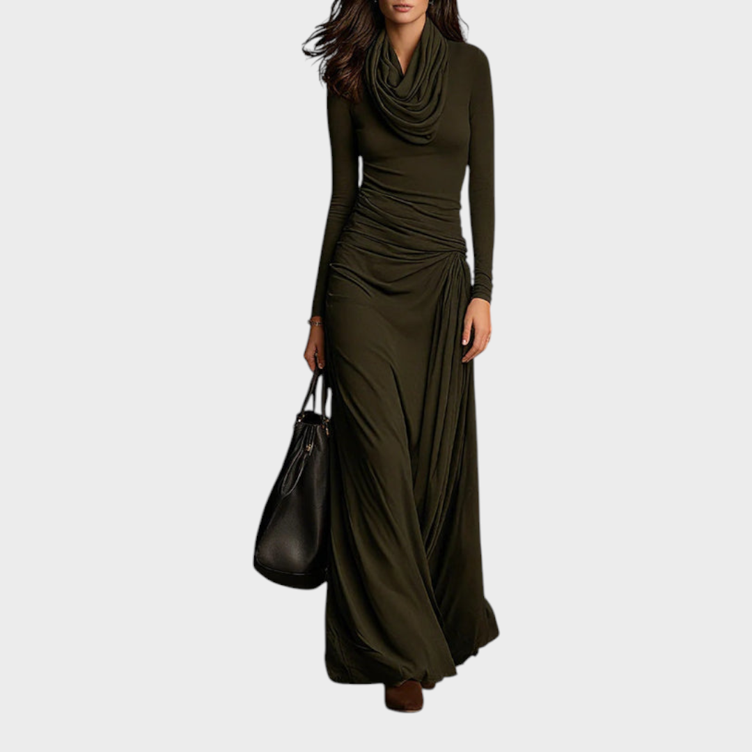 Leah | Olive Green Knit Maxi Dress with Pleats