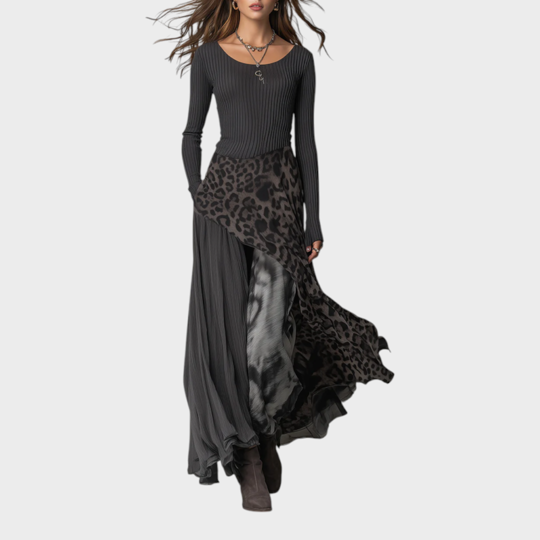 Jazzlyn | Grey Pit Stripe Leopard Print Splicing Irregular Hem Maxi Dress