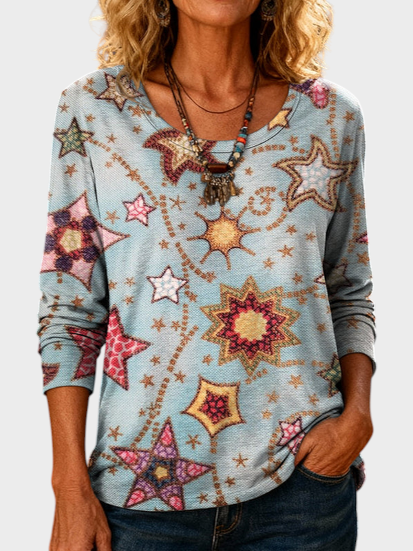 Eugenia | Women's Retro Art Star Casual Long Sleeve Round Neck Cotton T-Shirt