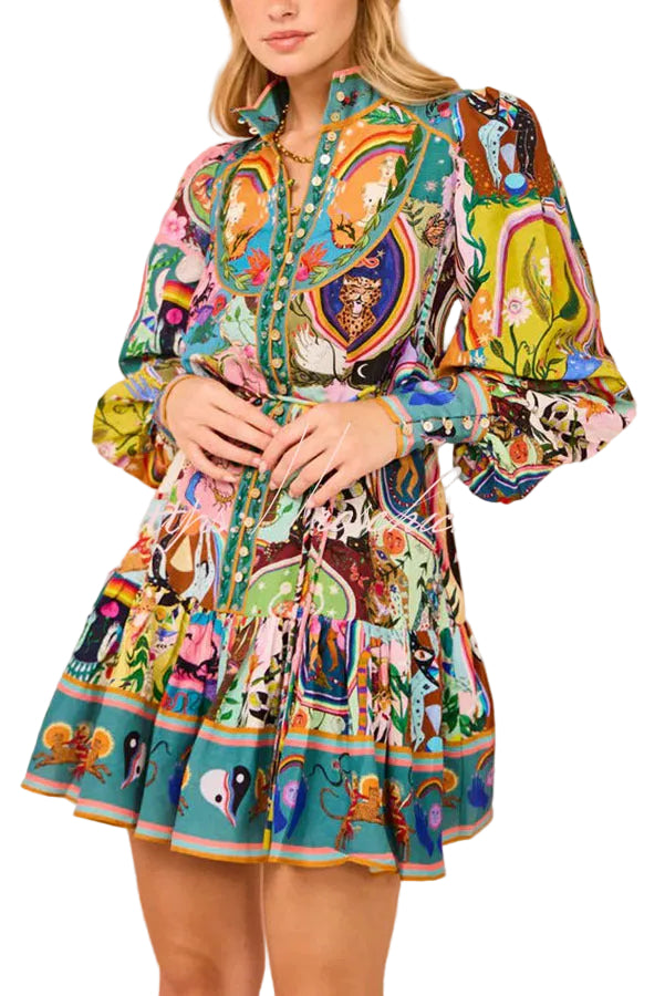Tina - Luxury Unique Print Balloon Sleeve Button Shirt Mini Dress