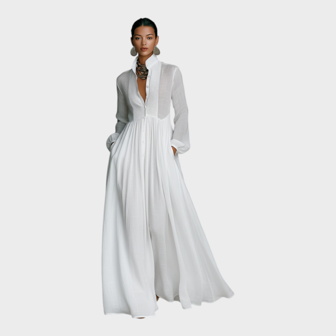 Leah | Women's Minimalist Cotton And Linen Patchwork Single-breasted Stand-up Collar Long-sleeved Maxi Dress MDA0658K6Y