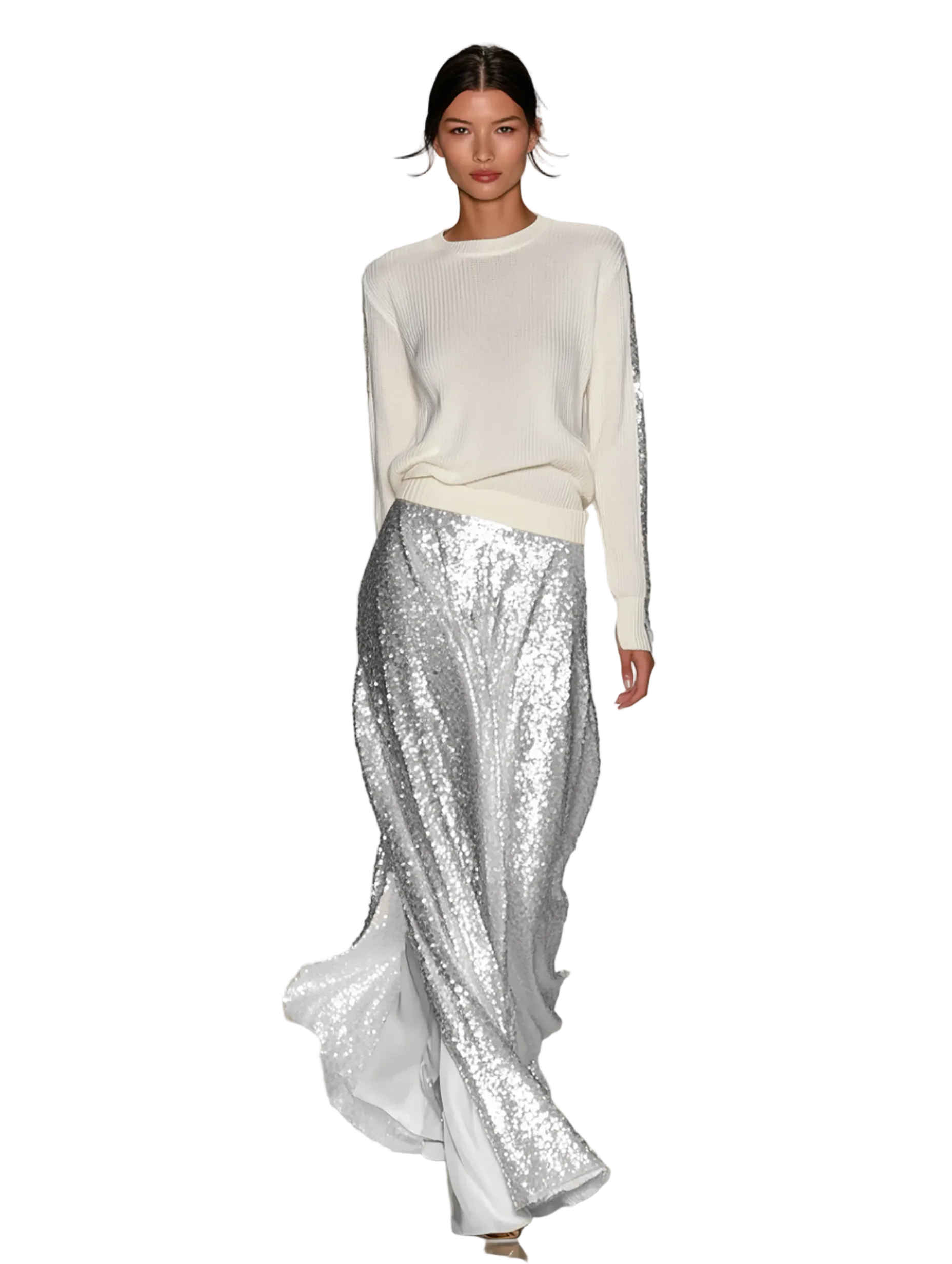 Maya - Women's Fashionable Casual Round Neck Knitted Top With Sequined Long Skirt Suit