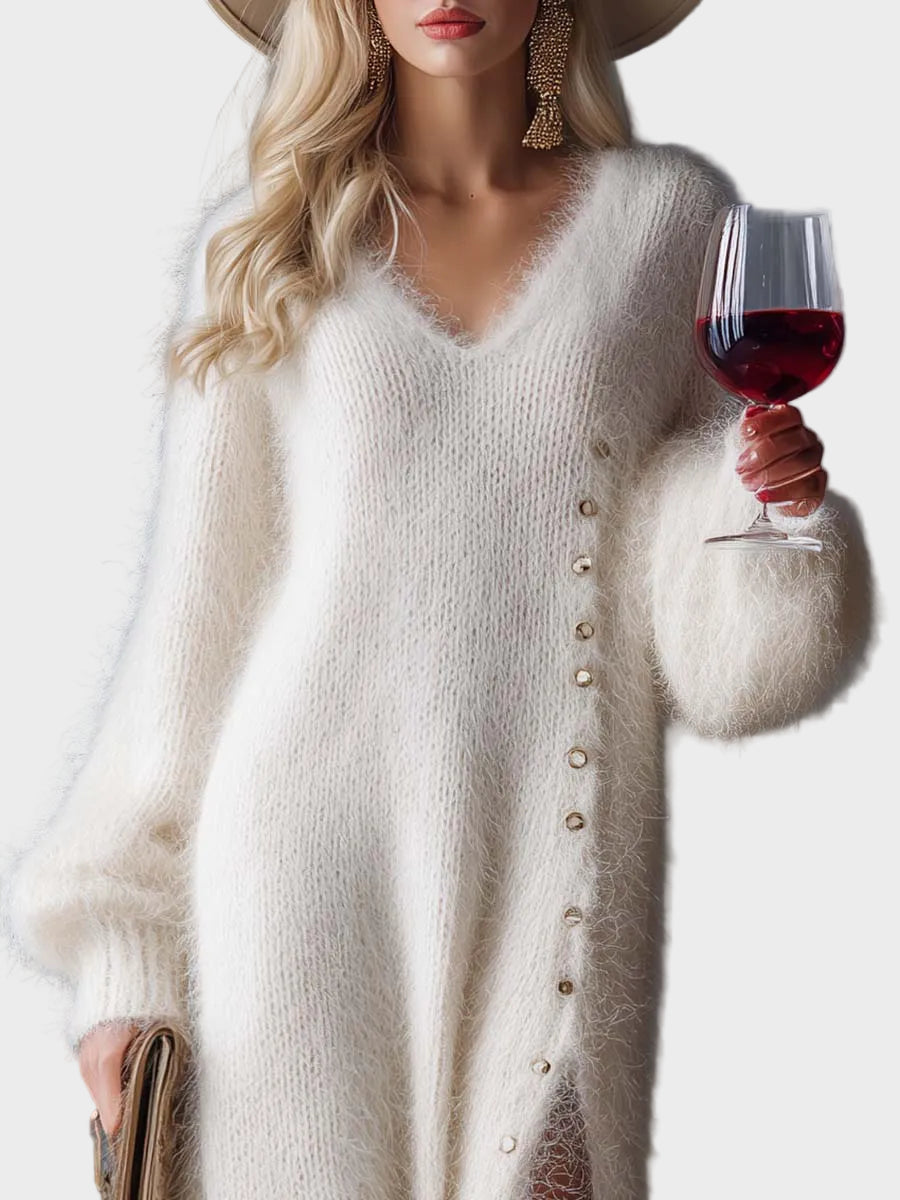Venice | Comfortable, Elegant Midi Knitted Dress with V Neckline, Metal Buttons, White Faux Rabbit Fur and Side Split