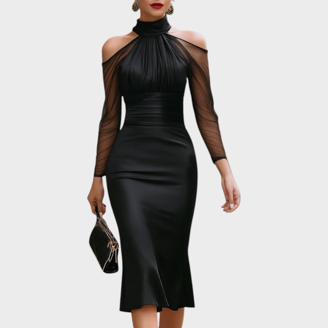 Sanya | Elegant Satin Midi Dress with Cold Shoulders