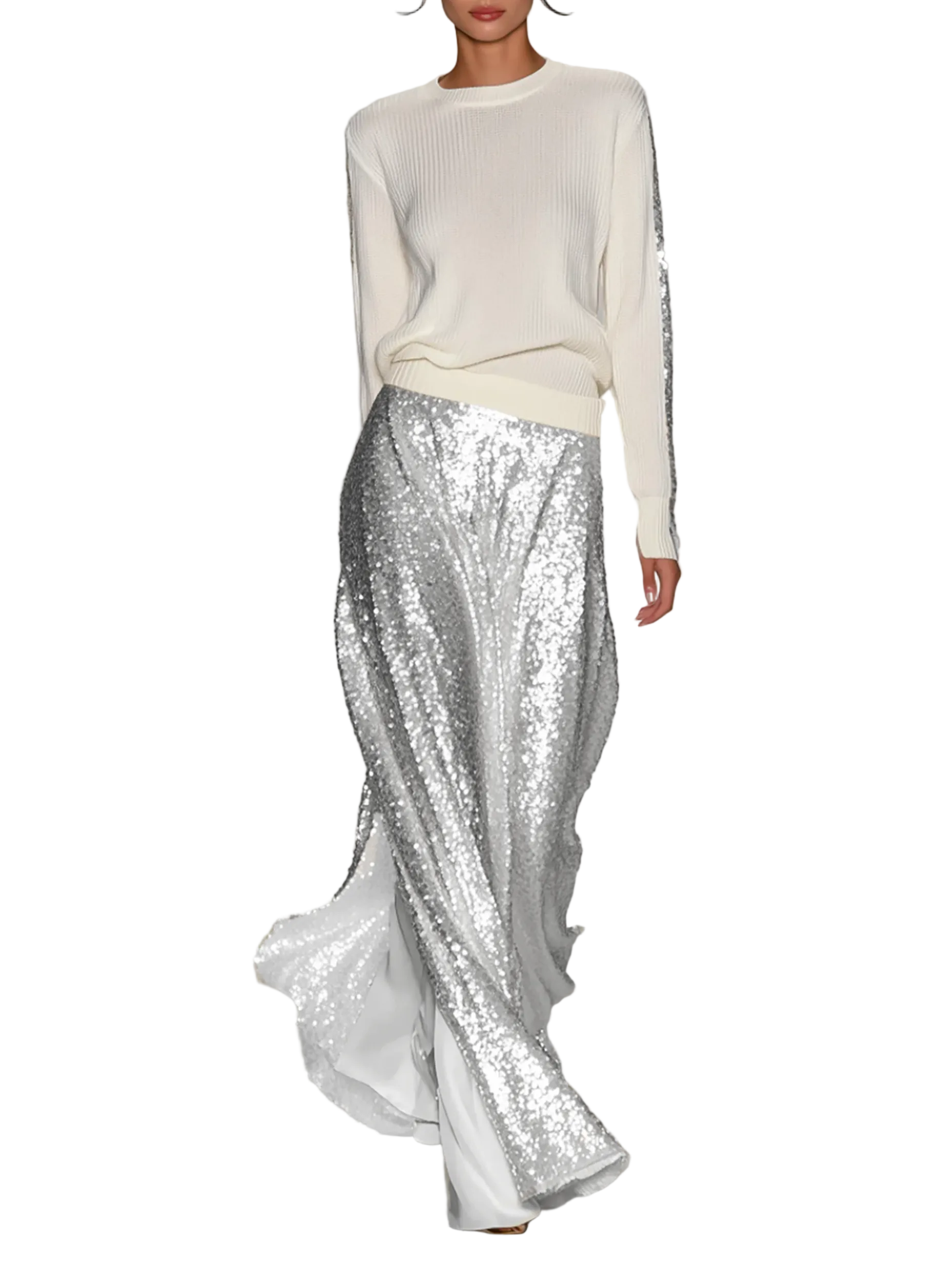 Maya - Women's Fashionable Casual Round Neck Knitted Top With Sequined Long Skirt Suit