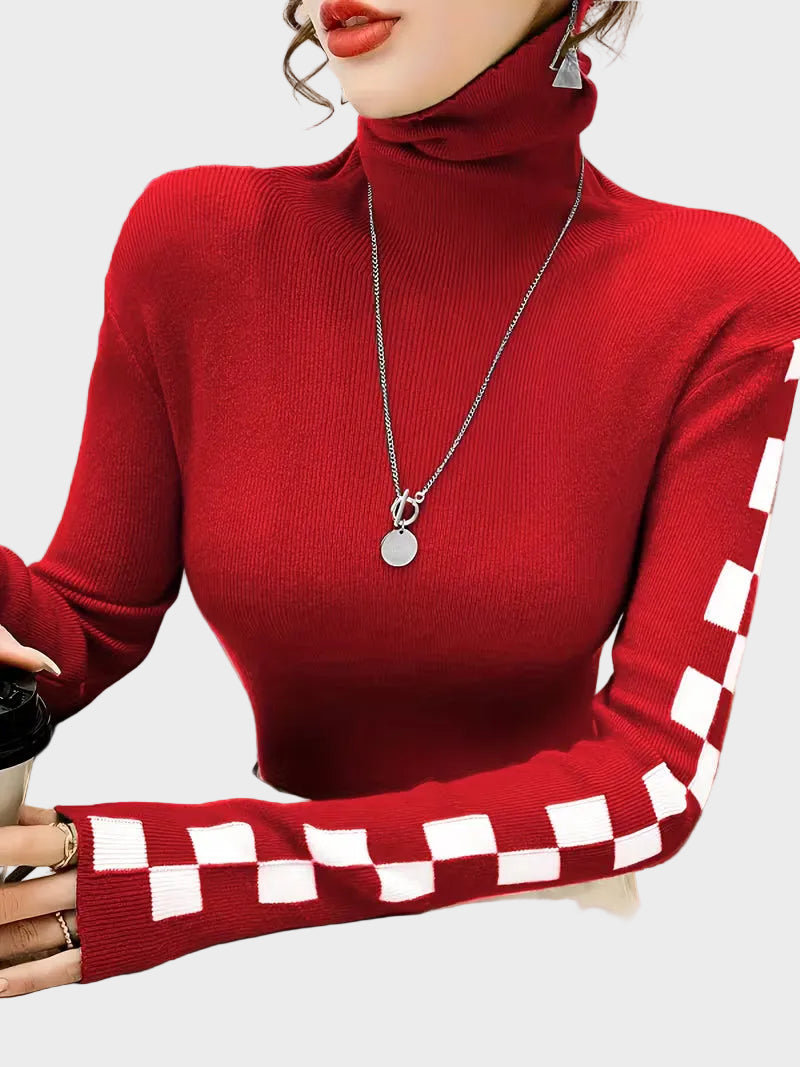 Wanda | Check Sleeve High-Neck Sweater
