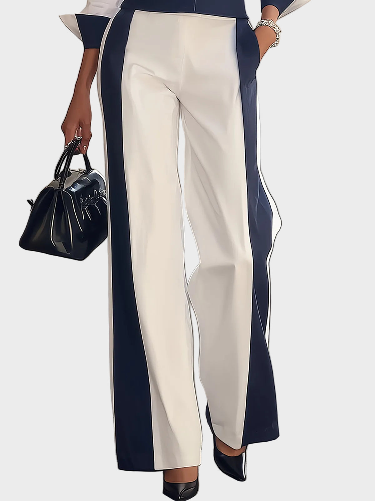 Arla | White And Navy Paneled Shirt & Wide-Leg Pants Set