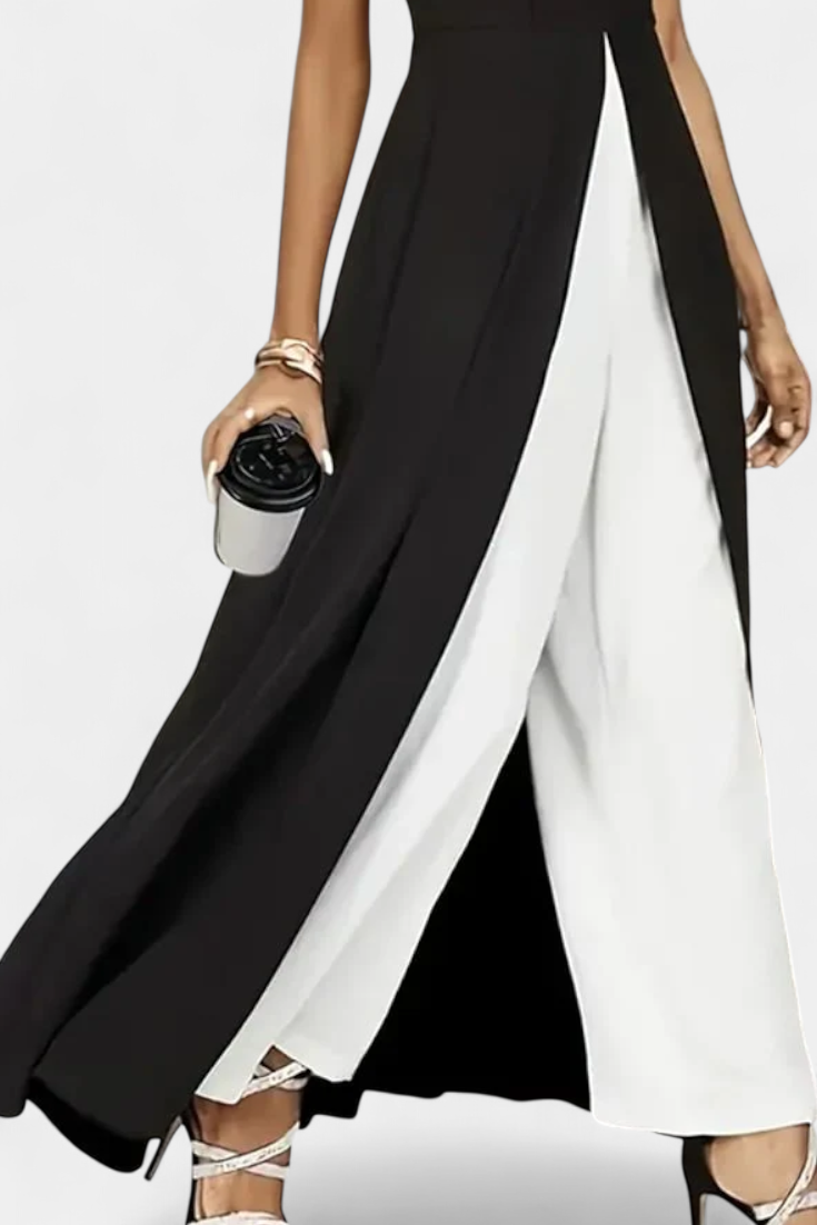 Alicia Elegant Two-tone Sleeveless Set with Wide Leg Pants