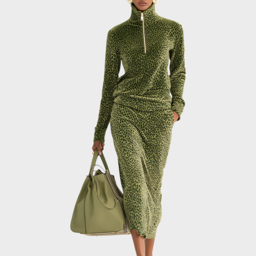 Jessie | Velvet Top Set with Stand Collar and Leopard Print Skirt