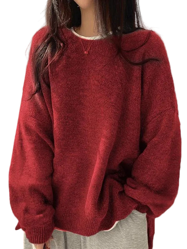 KIARA - Women's Drop Shoulder Split Hem Round Neck Sweater