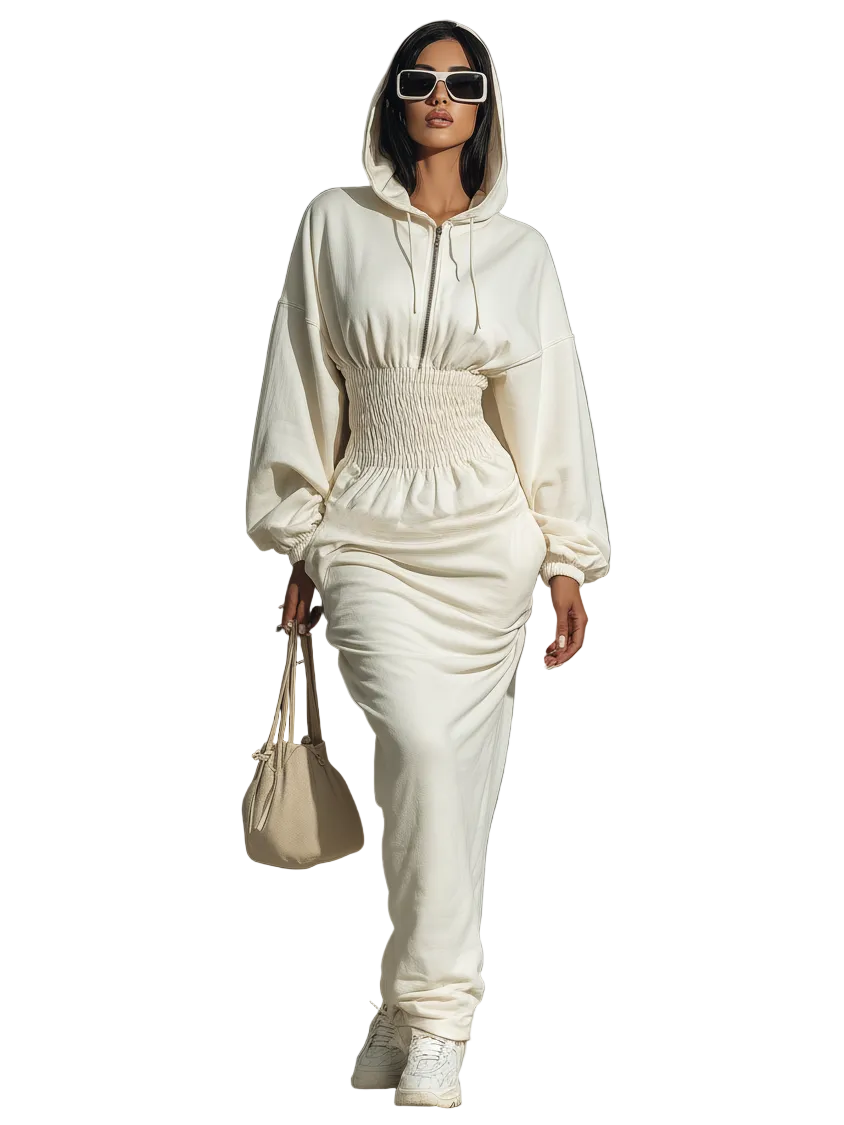 Rachel | Women's Minimalist Waist Shirring Hooded Sweatshirt Maxi Dress