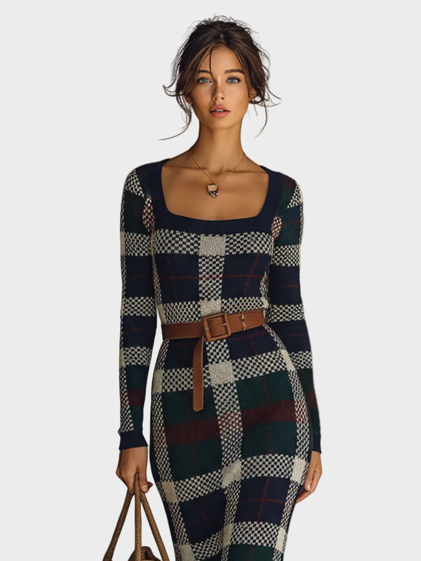 Minnie | Women's Minimalist Check Knit Belted Square Neck Maxi Dress