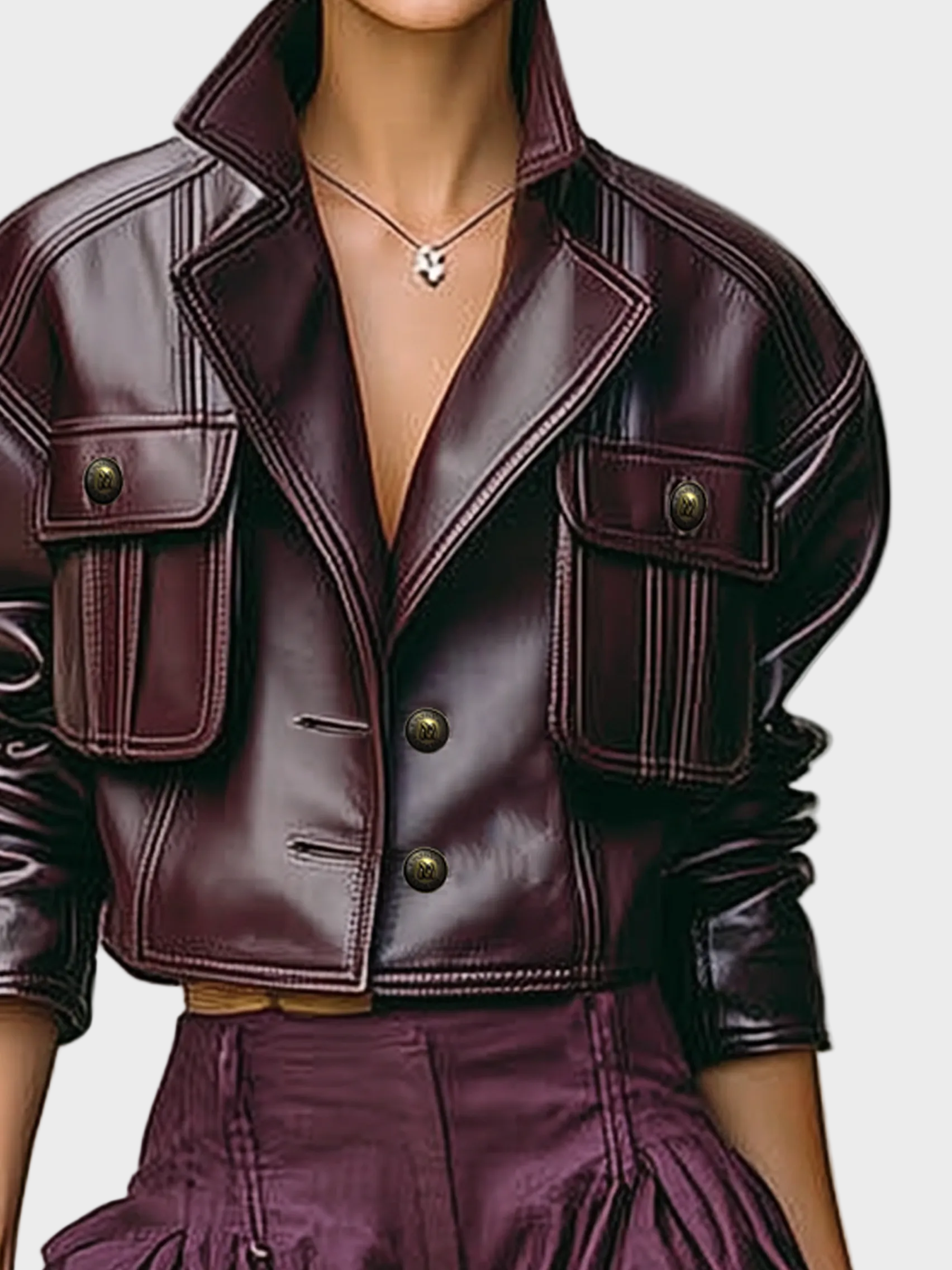 Rafaella | Women's Loose PU Leather Short Double Chest Pocket Jacket MDA1666I2Y
