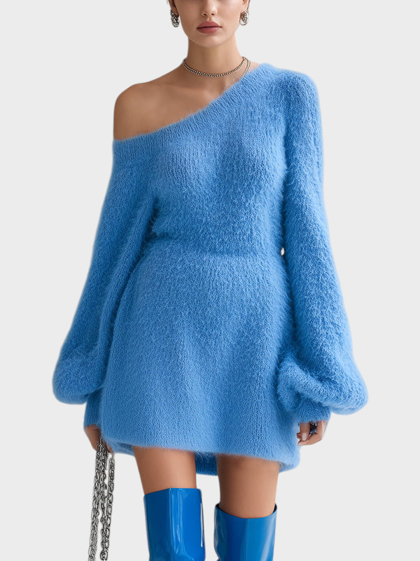 Lucy | ElevenOra Chic Elegant Blue Mini Dress With One Shoulder Long Puff Sleeve A-Line