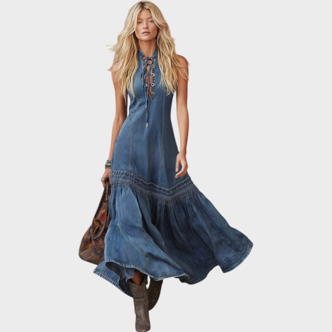 Estrella| Elegant Vintage Western Tie-neck Sleeveless Bubble Hem Blue Denim Maxi Dress