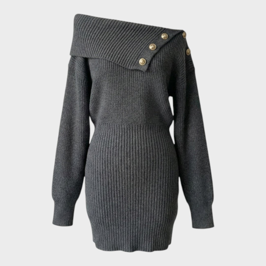 Chrisanthi | Fashion Dress with Button, Notched Neckline, Batwing Sleeves