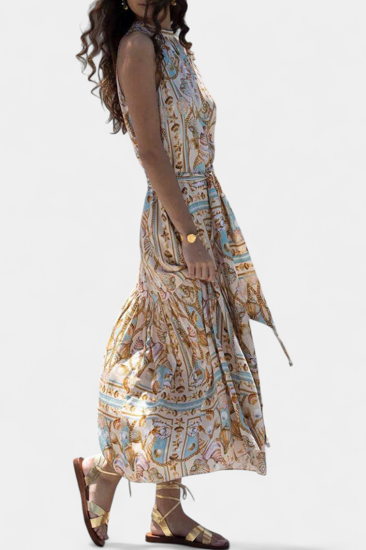 Teófila Long Silk Dress with Ocean Treasures Print