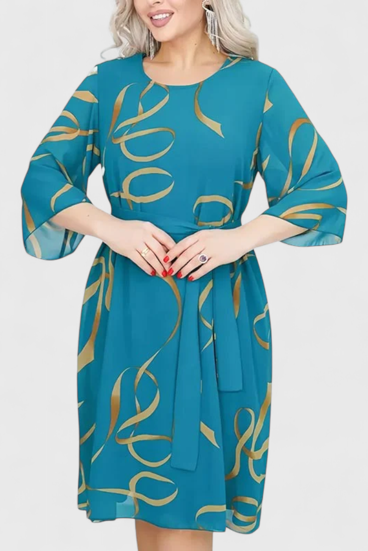 Amelie Midi Dress with Print, Belt and Flexible Cut