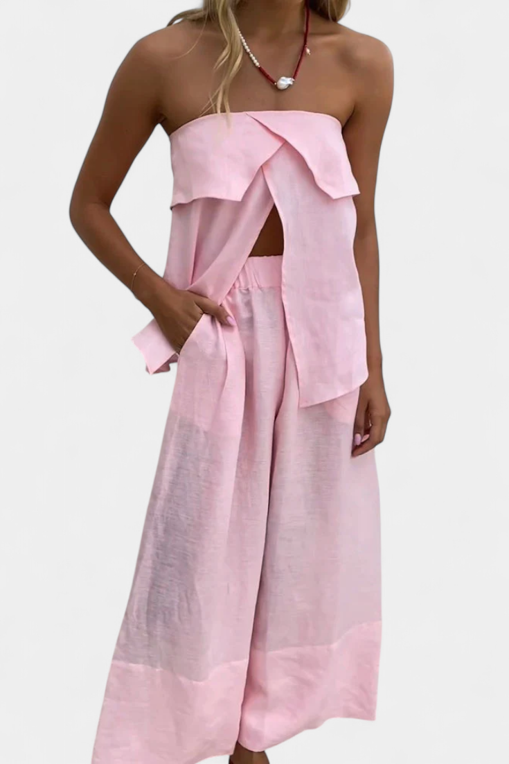 Oriana Strapless Set with Ripped Skirt in Solid Color Design