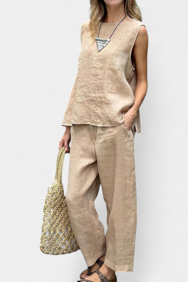 Leona Sleeveless Set with Vest and Pants made of Cotton and Linen
