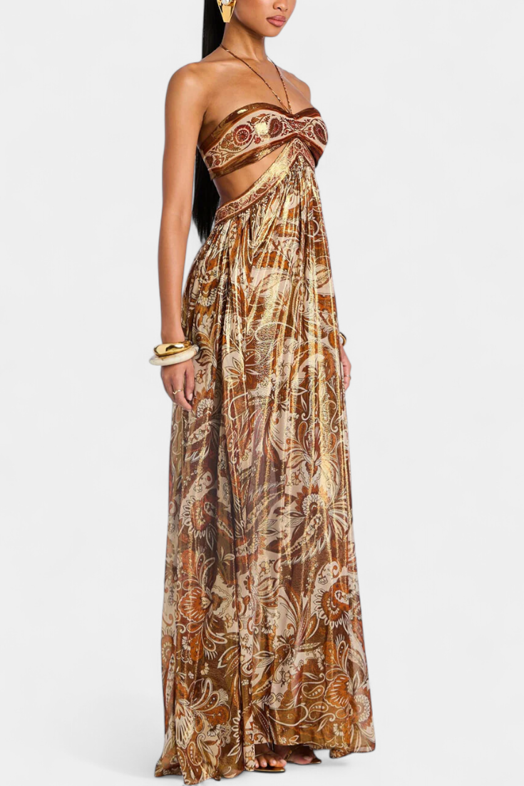 Maxi Dress with Tie Neck, Open Back and Cutouts