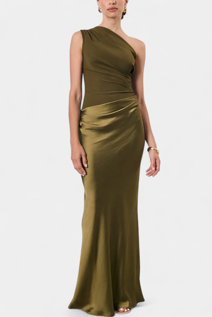 Ottavia Long Pleated One-Shoulder Evening Dress